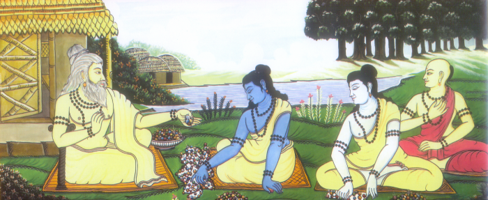 Guru teaching disciples in a gurukulam